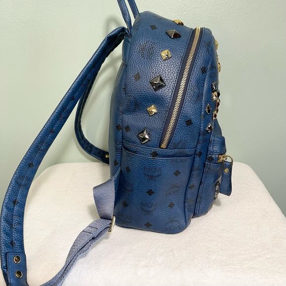MCM Munchen Blue Leather Embellished Golden & Silver Studded Backpack main image 7